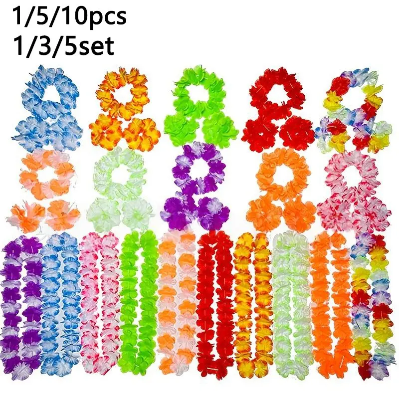 Colorful Hawaiian Luau Party Decoration, Party Favors Assortment, Elastic Flower Necklace, Headband & Wristband, Tropical Beach Decoration, Birthday Celebration & Holiday Event, Gifts
