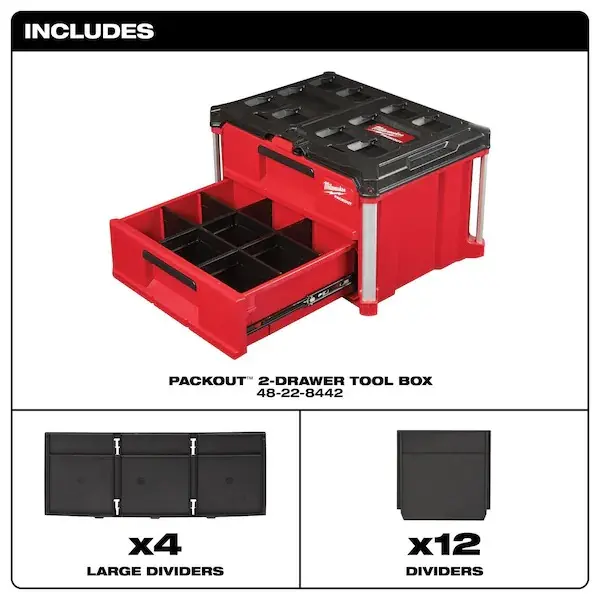PACKOUT 2-Drawer Tool Storage Box, Home Organizer with 50 lb Total Capacity & 25 lb Per Drawer, 22" W x 16" D x 14" H