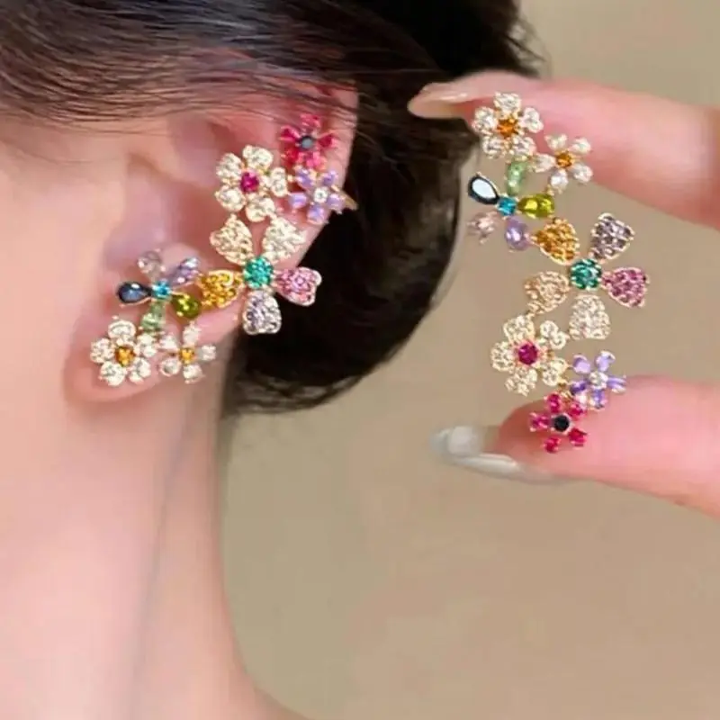 Women's Vibrant Flower Crystal Floral Vine Ear Climber Earrings - Single Piercing Hypoallergenic Ear Cuff Crawler, Sparkling Costume Jewelry Gift for Special Occasions