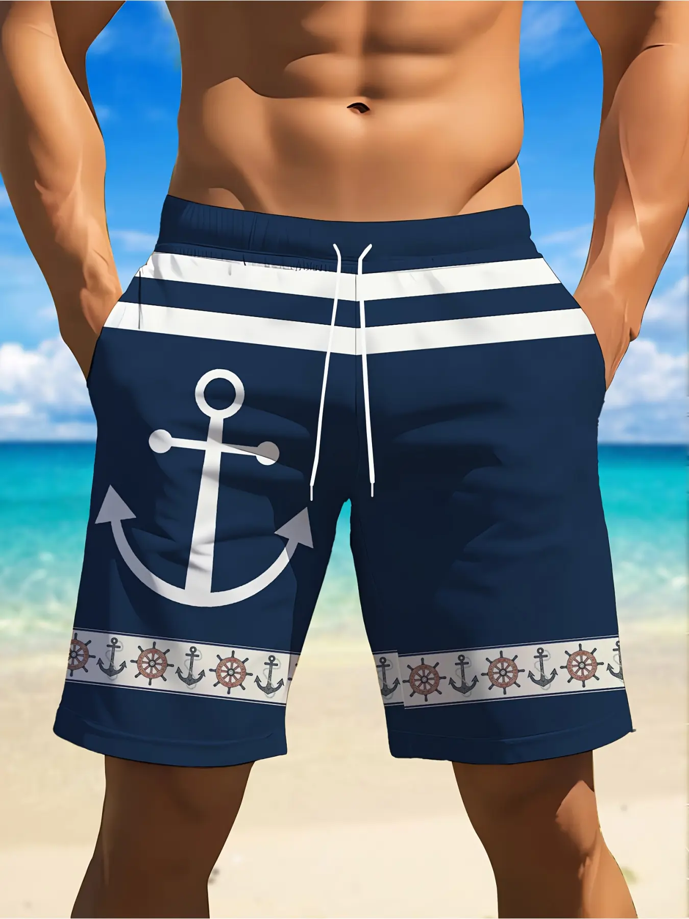 New and fashionable anchor pattern beach shorts for men, trendy summer 3D printed swim pants, loose drawstring, street style, Y2K shorts, Swimwear Shorts, Swim Bottoms