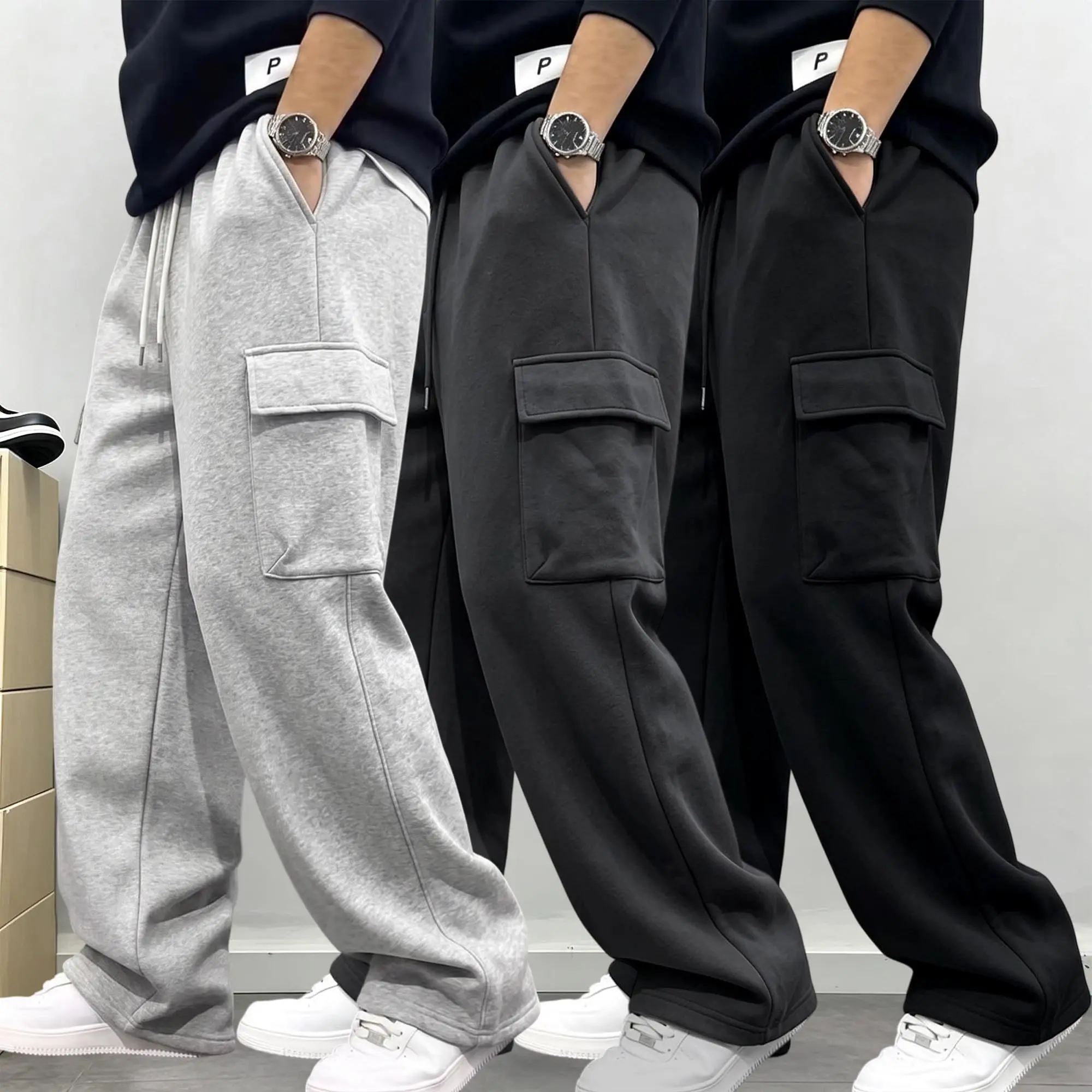 Men’s solid-color cotton cargo sweatpants, available in 1- or 3-pack options; the fabric is soft and comfortable.Waistband with drawstring and elastic design, loose, drapey straight-leg fit, practical side pockets, American street-style trend, versatile c