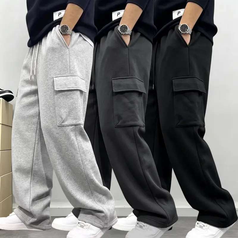 Men’s solid-color cargo sweatpants, 1- or 3-pack, made from a cotton blend fabric that is soft and comfortable.Waistband with drawstring and elastic design, loose, drapey straight-leg fit, practical side pockets, American street-style trend, versatile cas