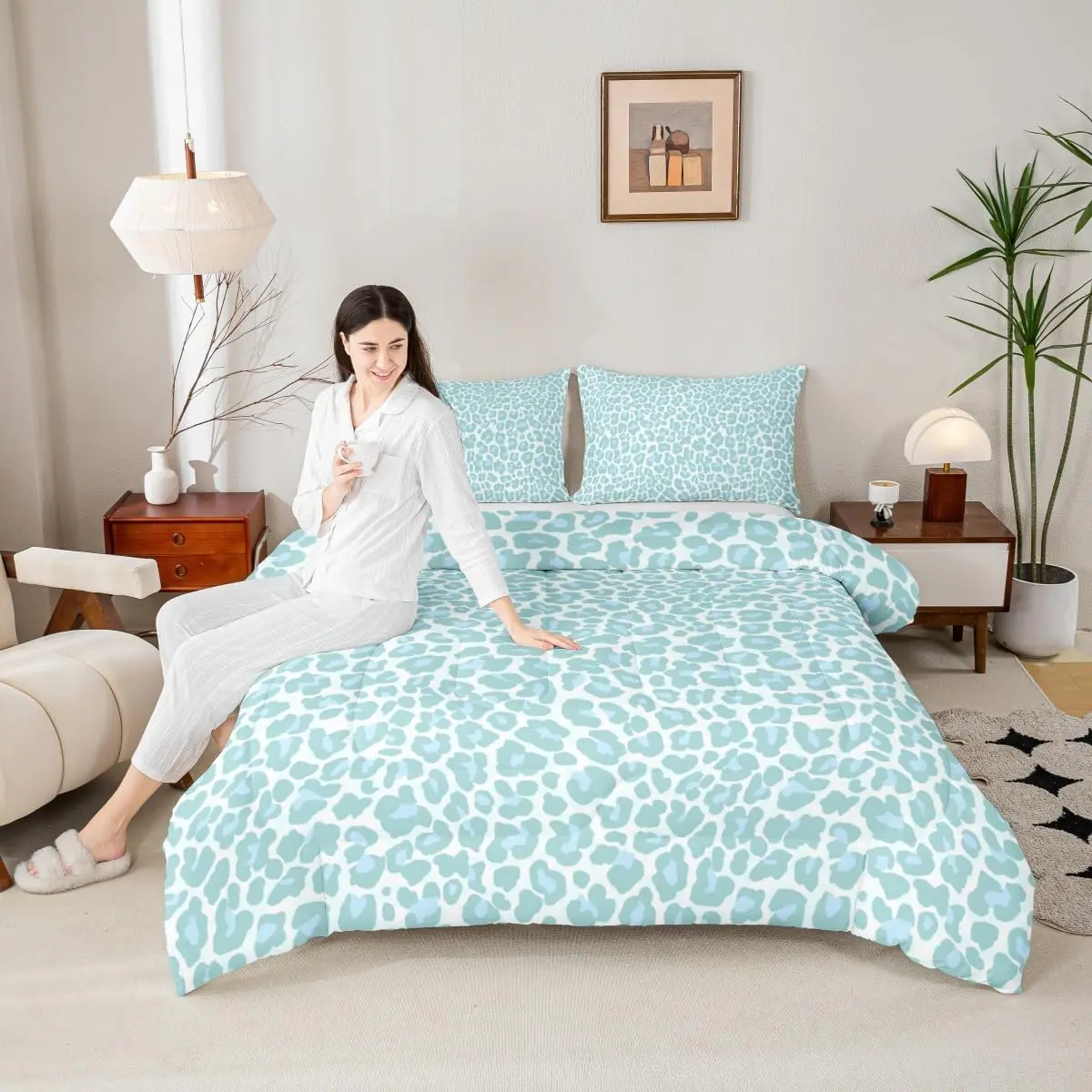 Feelyou Microfiber Cheetah Print Bedding Set - Teal Leopard Down Comforter with Animal Skin Texture for Kids, Wildlife Bed Linen Set, Microfiber Bedding Set