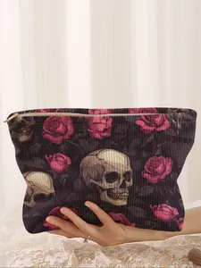 Skull Print Corduroy Makeup Bag, Cute Cartoon Style, Lightweight Multi-Functional Fashion Casual Handheld Cosmetic Pouch, Travel Organizer, Travel Cosmetic Bags, Makeup Storage Bag, Halloween