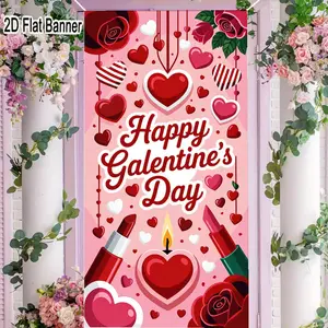 2D flat banner, Wall Decor Banner, 1pcHappy Galentine's Day Valentine's Day Backdrop - Pink Red Hearts, Roses, Lipsticks & Candle Decor for Romantic Galentine's Party Decorations, Party Decoration Supplies
