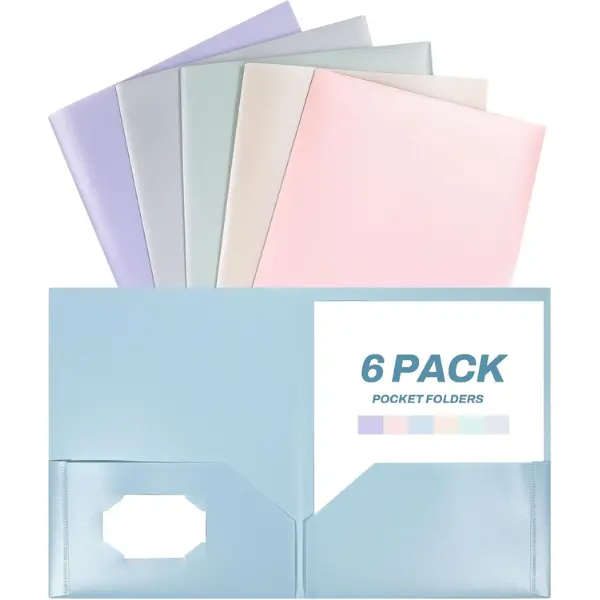Folders with Pockets (6 Pack, Pastel Colors), Plastic Folder with Pocket, Poly Folder for Documents Letter Size, 2 Pocket Folders for Kids, Home, School, Office