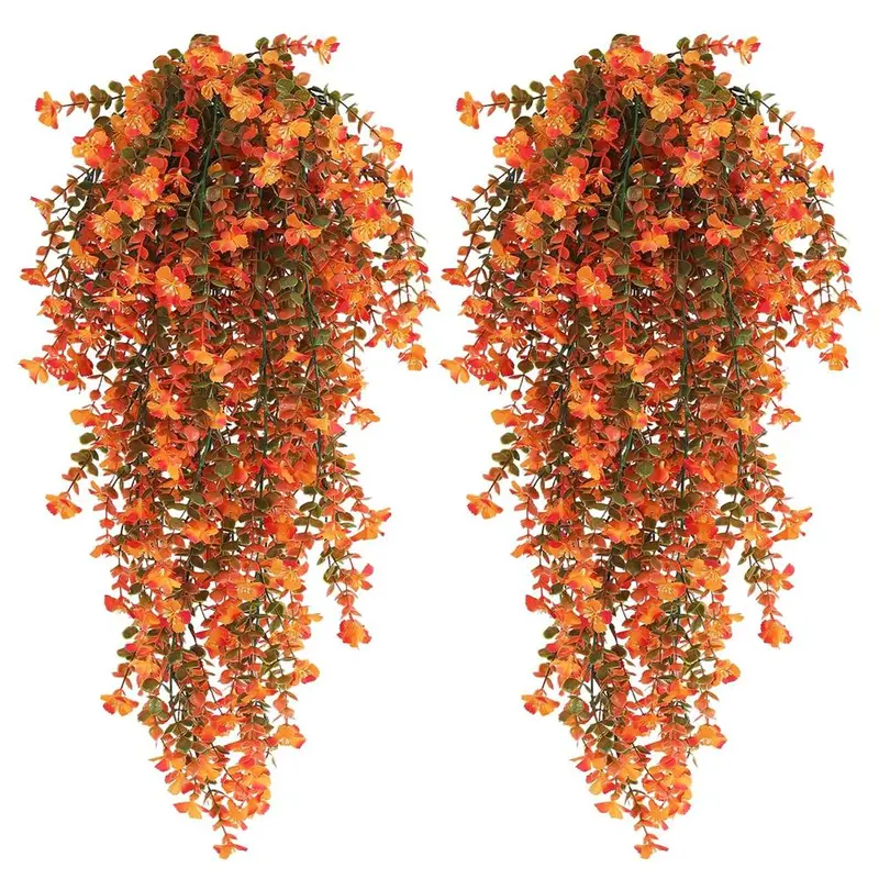 Artificial Hanging Flowers, Fake Plants Outdoor, Fake Flower Vine, Silk Morning Glory Faux Flowers with Eucalyptus Leaves, UV Resistant Realistic Hanging Plants for Home Garden Decor, Fruit