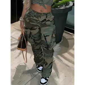 Women’s camo cargo pants, boho-style rayon blend with polyester and elastane, multi-pocket design, button details, woven fabric, suitable for all seasons, relaxed fit with a blended texture.