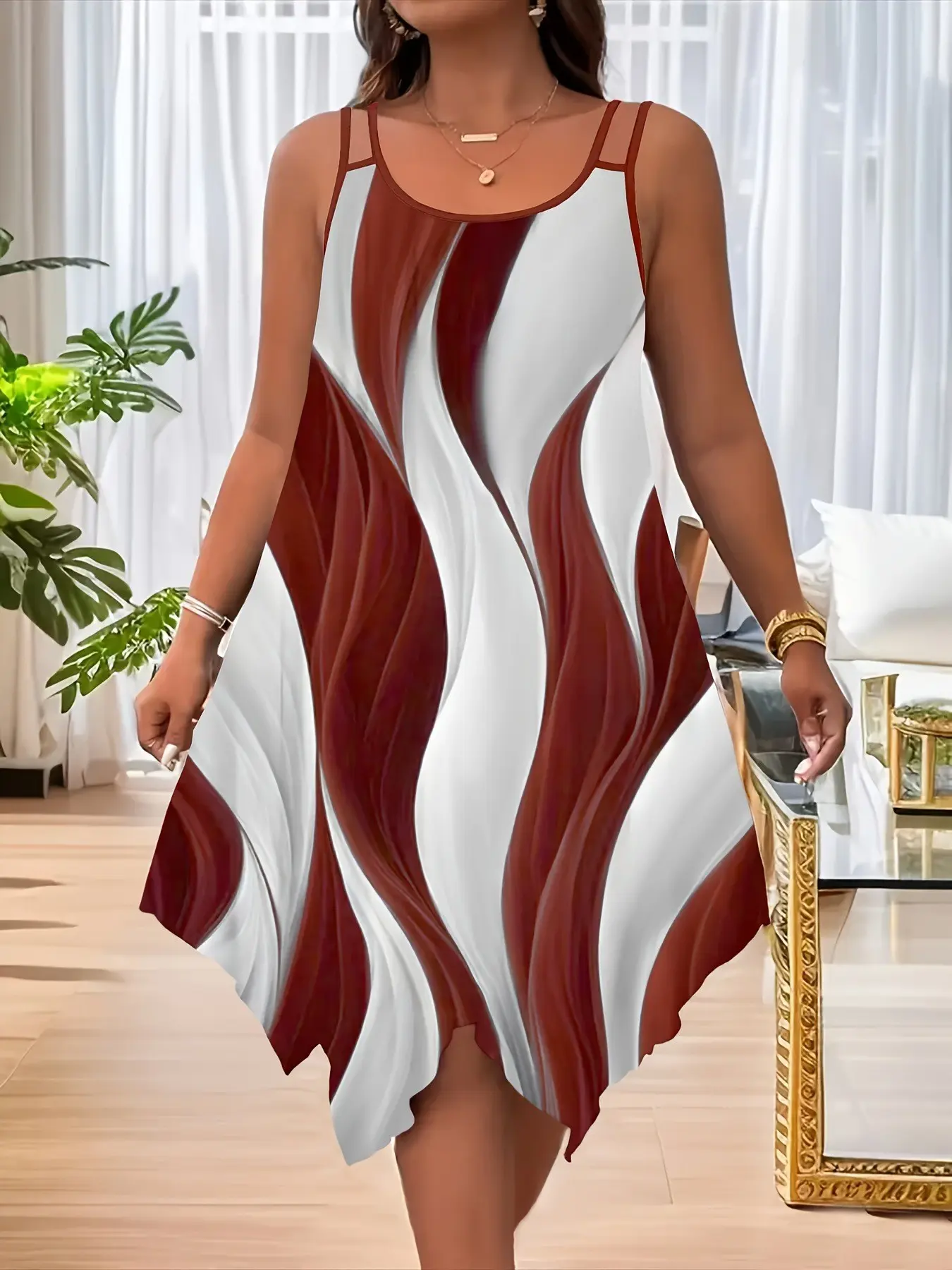 European and American Fashion Asymmetrical Hem Dual Spaghetti Strap Shoulder Strap Printed Women's Summer Plus Size Casual Style Flowy Summer Dress, Stylish and Comfortable, Womenswear