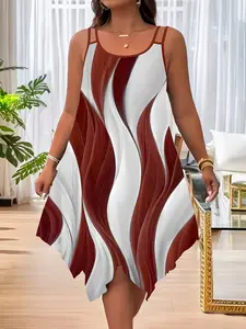 European and American Fashion Asymmetrical Hem Dual Shoulder Strap Printed Women's Summer Plus Size Dress, Stylish and Comfortable, Womenswear