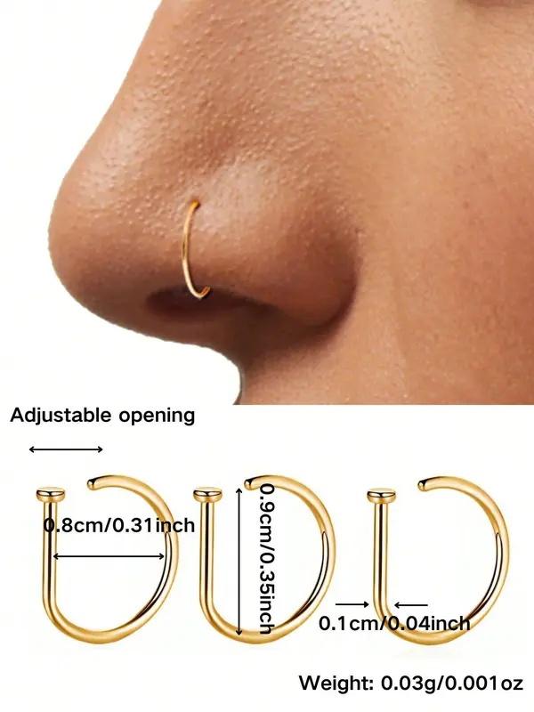 9pcs Women And men Fake Piercing Nose Ring Gold Stainless Steel D-Type Simple American Style Personalized Letters Hip-Hop Street Style Non Perforated Accessories Fake Nose Studs