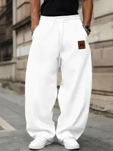 Men's Casual Comfy Baggy Loose Straight Leg Pants, Unique Letter Simple Pattern Print Design, Elastic Waist Drawstring Long Pants, Trendy Sports Pants, Chic Casual Trousers, Loose Casual Style, Casual Street Style, Casual Streetwear Trousers