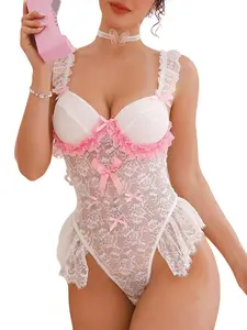 Princess Style Pink Lace Bodysuit - Bow Detail Ruffle Trim Soft Comfort Underwear