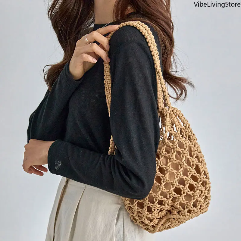 Summer Beach Bag for Women, Mesh Rope Knitted Bucket Shoulder Bag, Hollow Out Reticulate Tote Handbag, Fashion Portable Shopper Bag for Travel Daily Outdoor Use Aesthetic Tote Everyday Tote