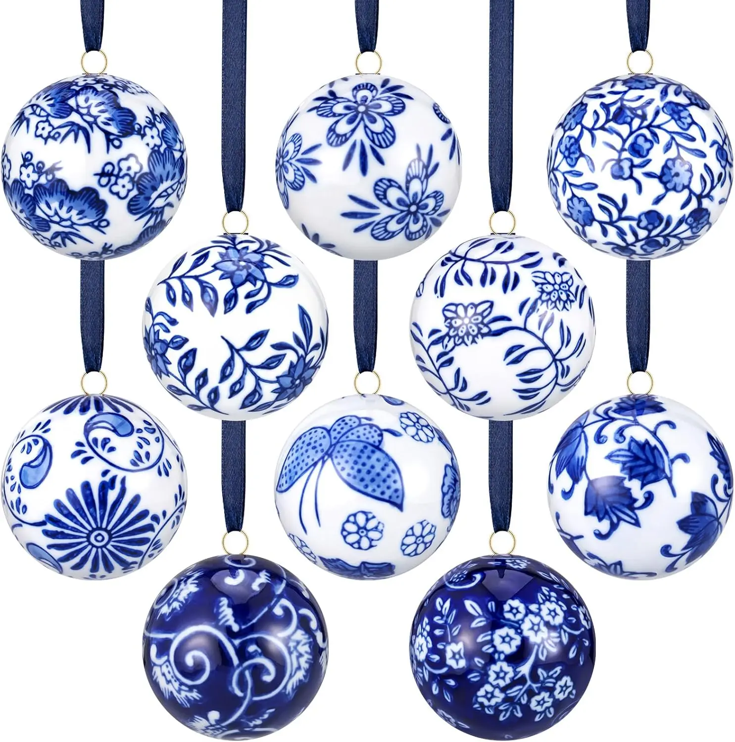 10 PCS Christmas Porcelain Balls Bulk Chinoiserie Blue and White Ornament Orbs 2.4 Inch Balls Hanging Decoration Ceramic Decor for Xmas Tree Home Party Festive Decorative Supplies