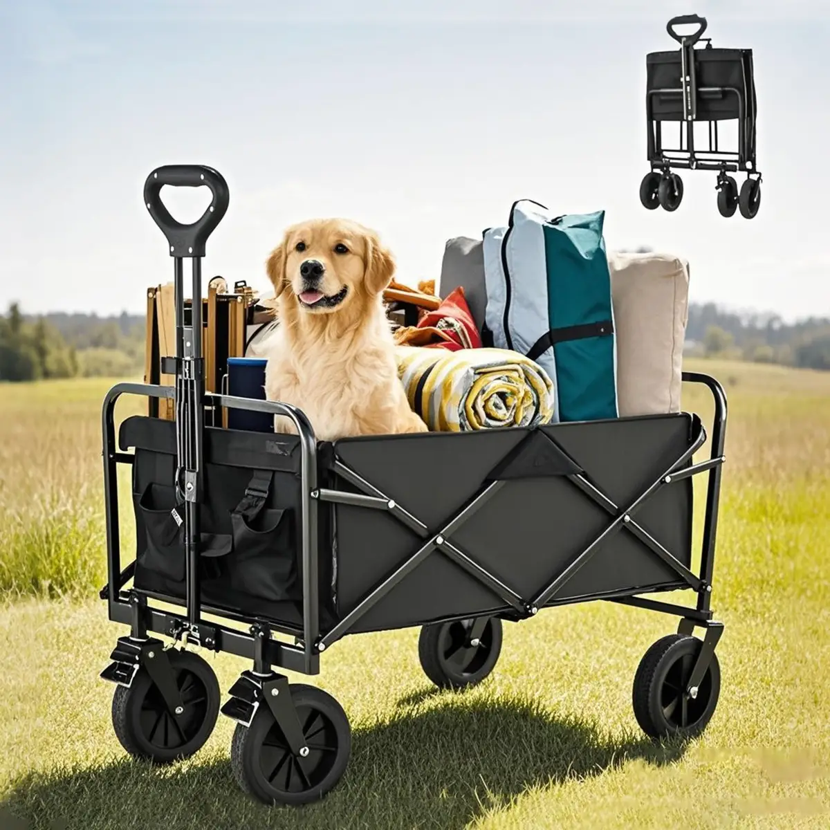 1pc Heavy-Duty Collapsible Utility Wagon Cart - 330lbs Load Capacity, All-Terrain Wheels, Foldable Design, Ideal For Beach, Lawn, Sports, Camping, And