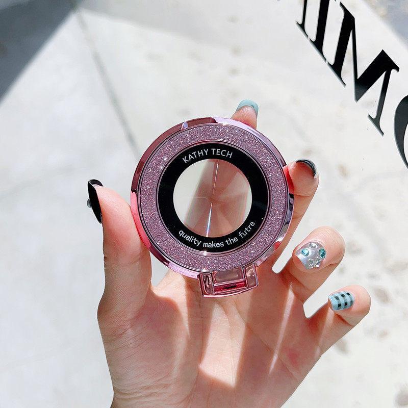 360-Degree Rotating Rhinestone & Glitter Mirror Stand — Universal Mobile Phone Holder, Desktop Support Ring, Adhesive Back Stand.