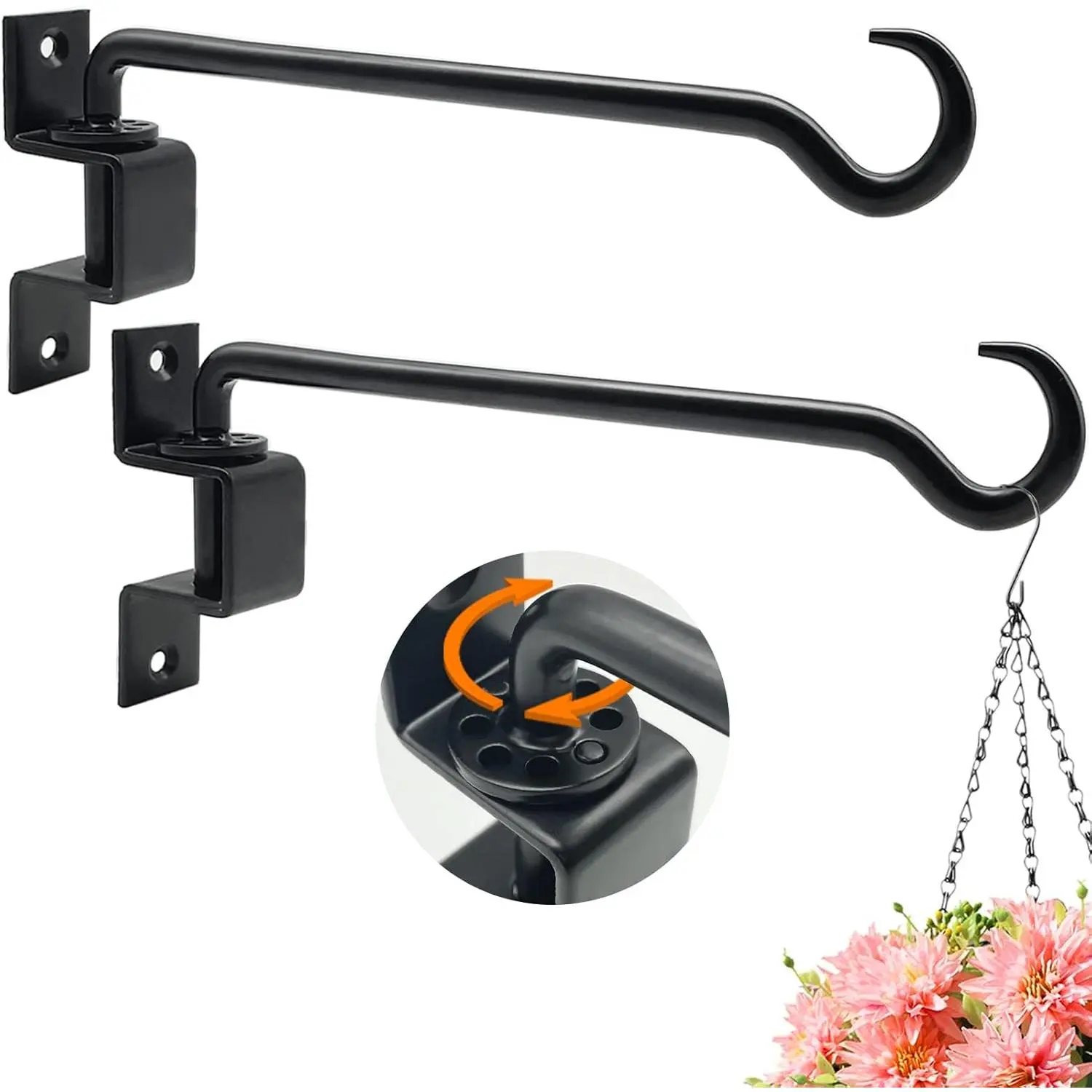 2-Pack 16in Heavy-Duty Black Iron Swivel Hanging Brackets for Outdoor Baskets, Pots, Bird Feeders, Lanterns