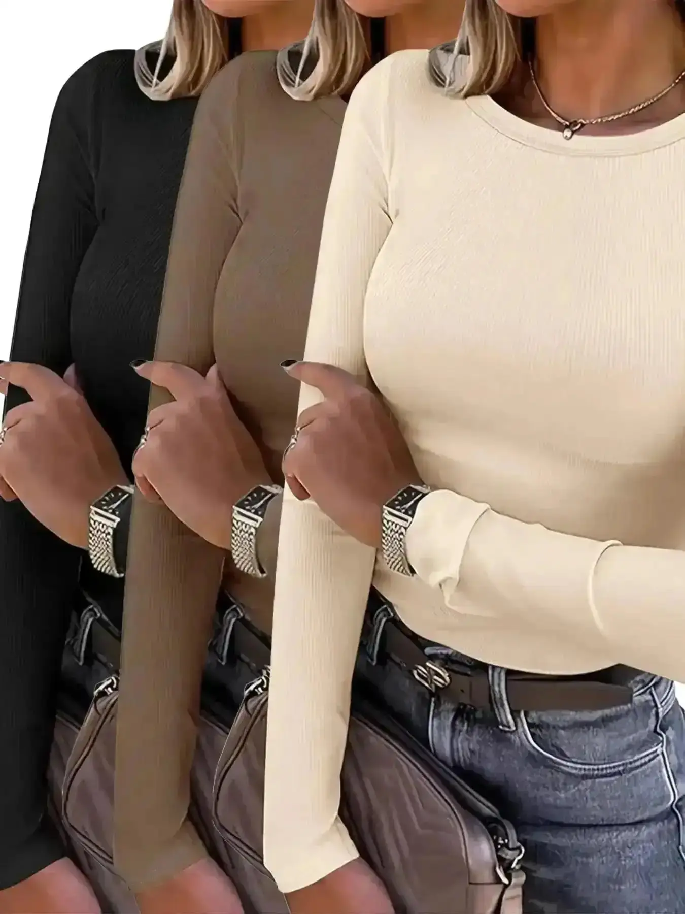 Women's 3 Piece Long Sleeve T Shirt Set Casual Fall Winter Basic Tops Plain Solid Color Comfy Everyday Wear Soft Tee Bundle, Layered Look, Breathable, On The Go, Autumn Style, Elevated Basics, Autumn Vibes