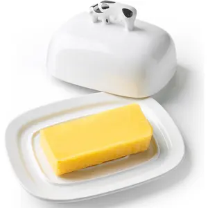 Butter Dish with Lid for Countertop, 7.8" x 6.3" Large Ceramic Butter Keeper Container with Cow Handle, White Butter Holder Tray for East West Coast Butter Stick, Microwave & Dishwasher Safe