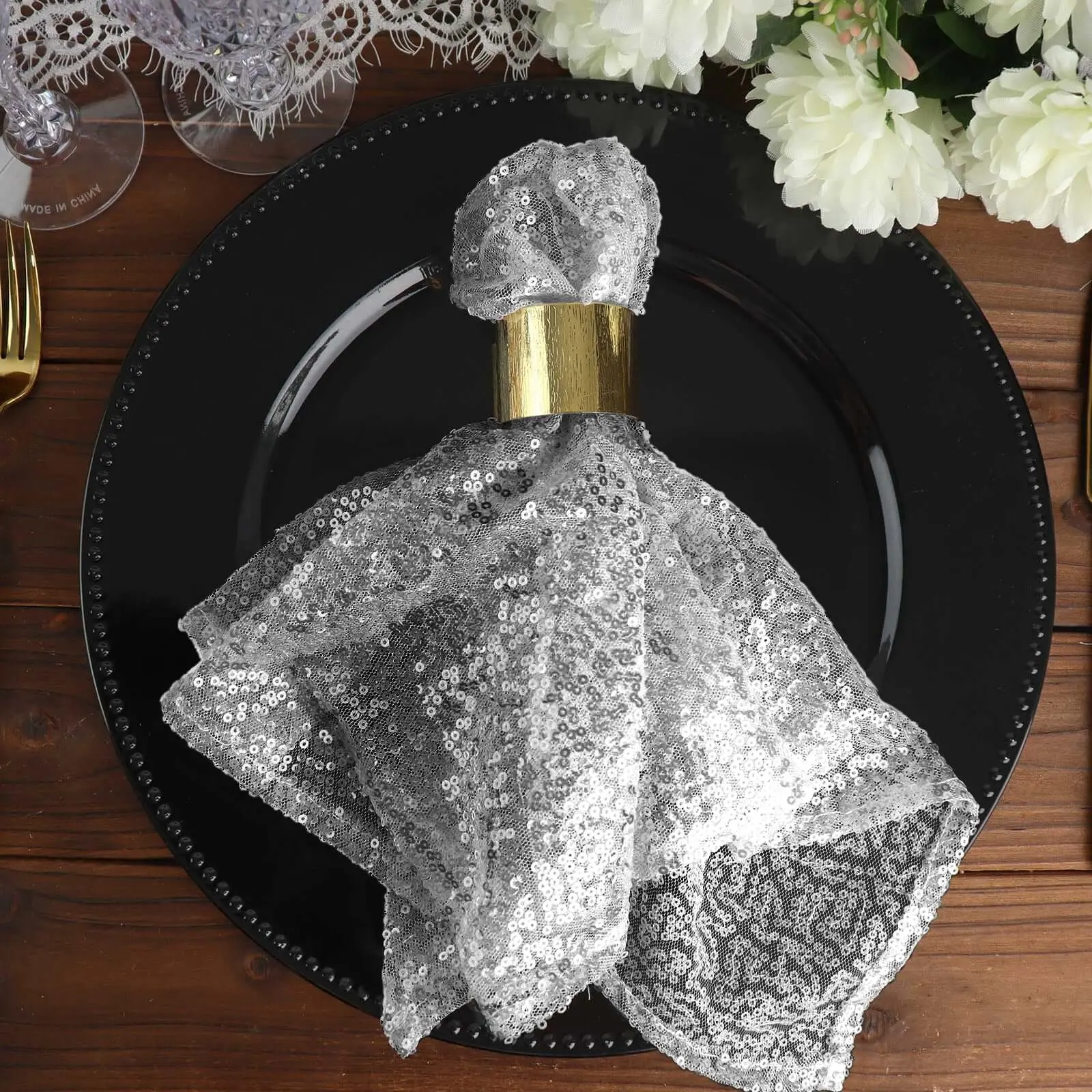 Silver Sequin 20"x20" Dinner Napkin, Shimmering Home Accessory for Tableware