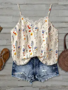 Elegant Plus Size Women's Printed Lace Splicing Tank Top, Sleeveless Loose-Fitting Blouse, Multi-Color Options, Comfortable Fashion