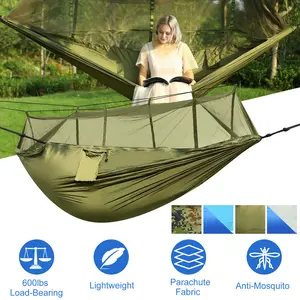 Camping Hammock with Mosquito Net 600LBS Load-Bearing 210T Parachute Nylon Fabric Lightweight Portable Outdoor Gear for Hiking & Travel Green