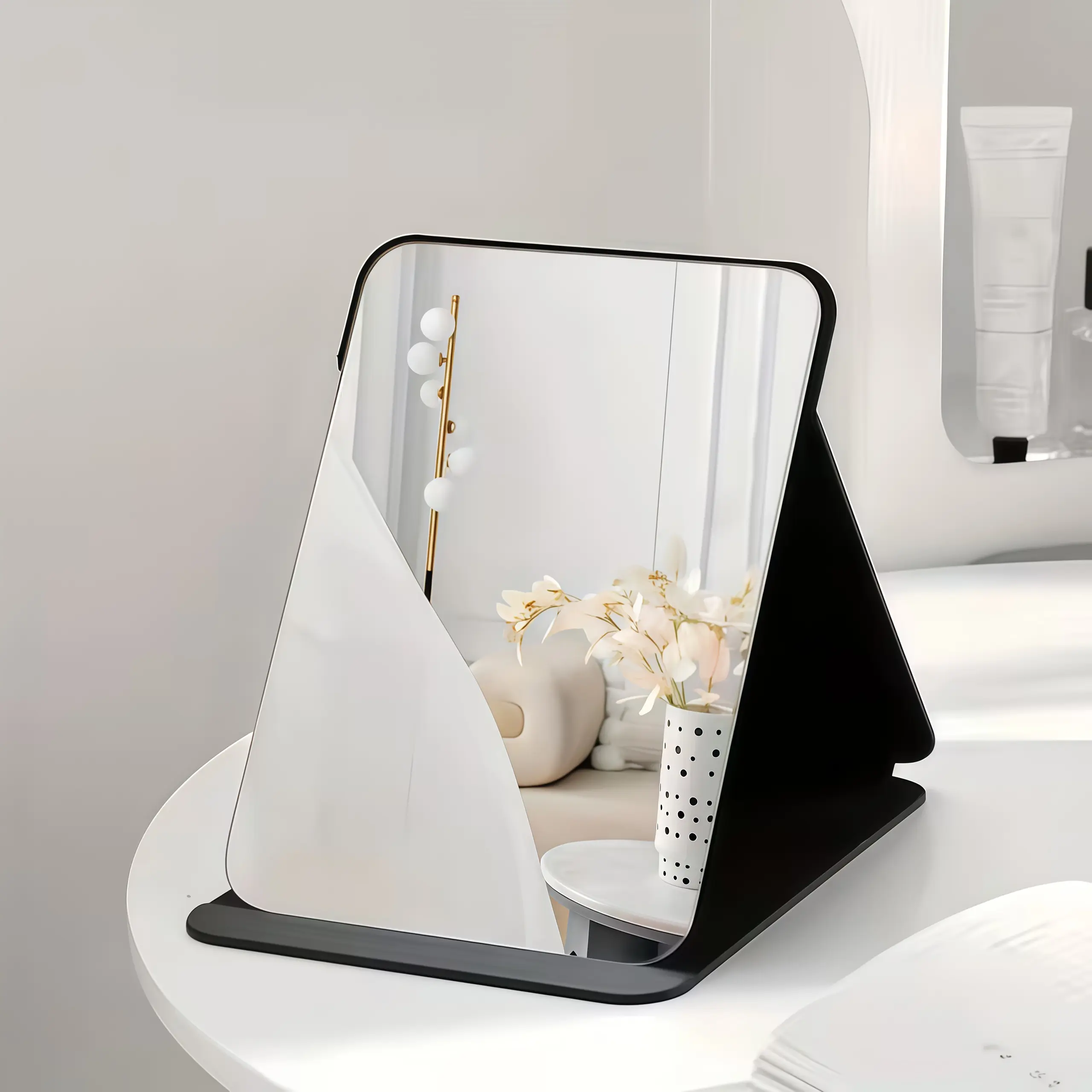 1pcs black desktop folding mirror, dormitory small desktop makeup mirror, travel folding makeup mirror, large surface folding makeup cabinet, high-definition mirror, adjustable angle mirror, minimalist aesthetic mirror, lightweight folding mirror