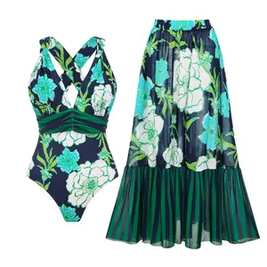 FLAXMAKER Women's Green Floral Print V Neck One Piece Swimsuit and Matching Cover  Skirt Set Swimdress Stylish Beachwear Bathing Suit SpringStatements Swimoutfit