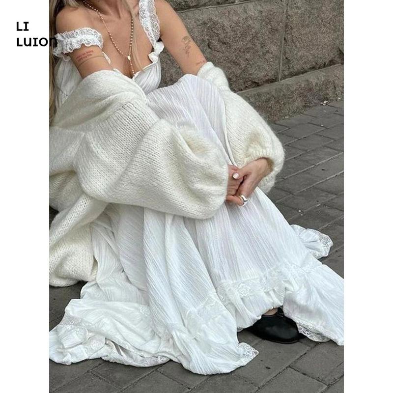 Women's Loose Sleeveless White Long Skirt For Lady Seaside Vacation