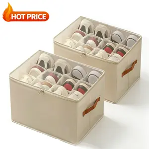 Premium Foldable Fabric Shoe Storage Organizer with Clear Cover, Collapsible Design, Adjustable Dividers, Reinforced Handles for Closet Space Saving (Fits Boots, Sneakers)