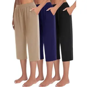Women's 3pcs High-Waist Capri Pants - Relaxed Fit, Mid-Calf, Breathable Polyester Blend, Machine Washable, Pockets - Ideal for Yoga, Summer Casual Wear (Gift) - Beige, Navy, Black