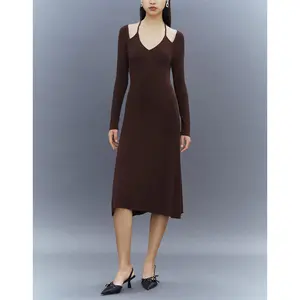 URBAN REVIVO Women's Long Sleeve Casual Halter Neck Skinny Knitted A-Line Midi Dress - Spring New Arrival, Viscose Blend Fabric, Rope Fastener, Flattering Fit, Minimalist Basic Style, UWG940053