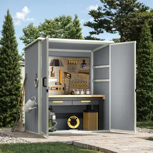 Aoxun Outdoor Storage Shed 5 x 3FT Resin with Floor & Lockable Door Grey for Garbage Can Tool Accessories Lawn Garden - White