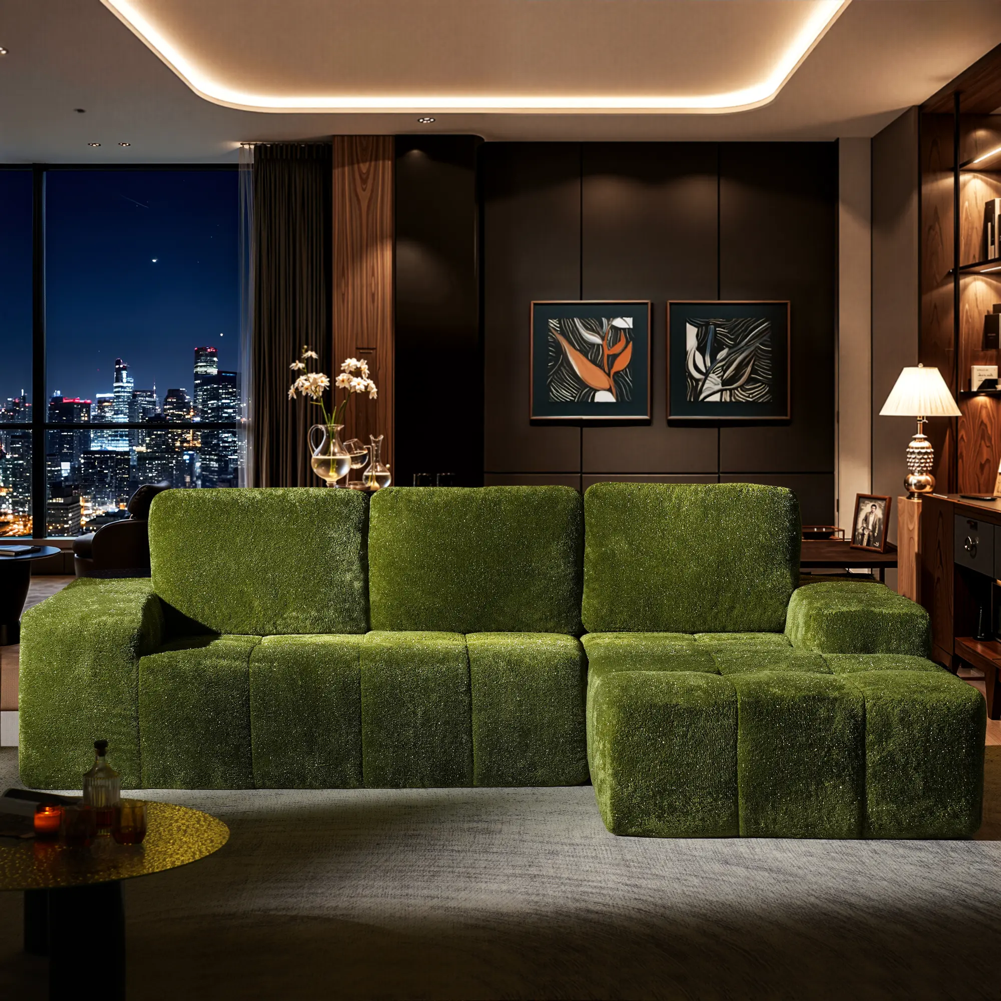 Neon Green Shimmer Plush Right Chaise