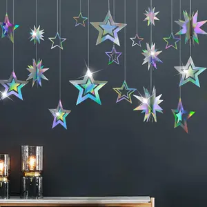 Star Party Decoration Iridescent Party Supplies Holographic Twinkle Little Stars Garlands Hanging Euphoria Party Decorations Backdrop for Birthday Bachelorette Ramadan EID Graduation Disco Mermaid Shiny