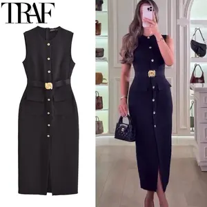 TRAF Women's Black Dress Summer 2025 Sleeveless Elegant Formal Dresses For Women Belt Vest Long Dress Button Casual Dresses