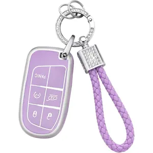 car stuffKey Fob Cover for Jeep Cherokee Grand Cherokee Compass Renegade Accessories Purple Bling Keychain 5 Button Car Keys Case Shell Full Covers Protect