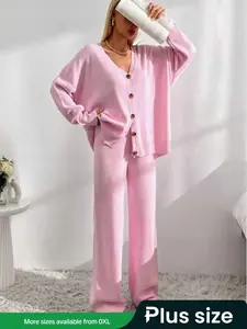 Plus Size Women's Two-Piece Set, Fashionable Lady Womenswear Thick Knitwear Including Long Sleeve V-Neck Cardigan & Wide-Leg Sweater Pants Clothes