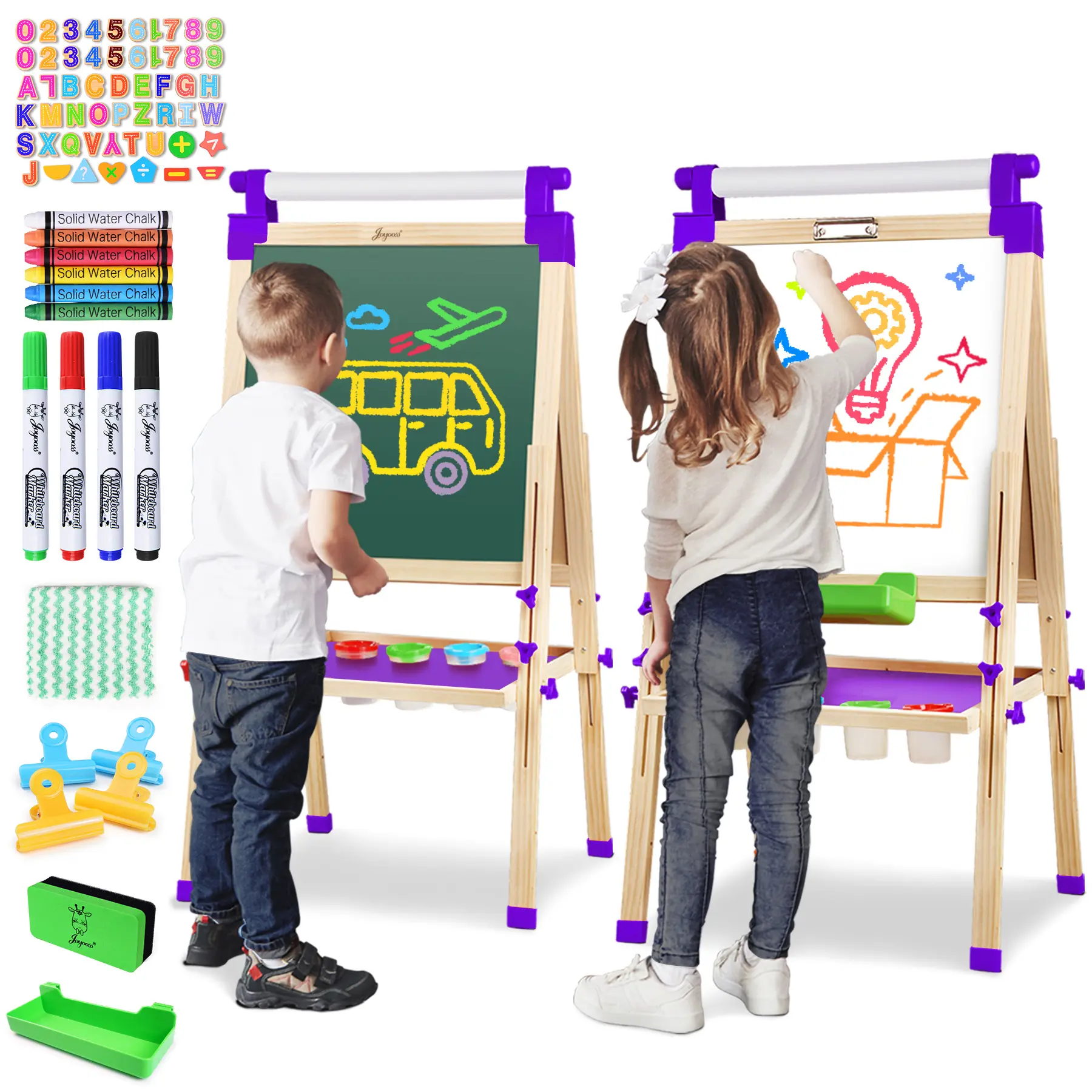 Joyooss Kids Wooden Double-Sided Easel for 3 to 12 Years - 18.5" x 19.29" Purple Educational Arts & Crafts Toy with Drawing Paper Roll, Chalk Markers Compatibility, 4 Markers, Abundant Accessories