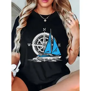 Women's Black Nautical T - Shirt with Compass, Blue Sailboat & Waves Graphic - Perfect for Beach Vacations, Sailing Trips & Summer Outings | Casual Crewneck Tee for Women