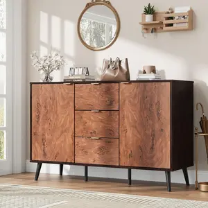 Brown 51.2-Sideboard Buffet Cabinet with 3 Drawers-Farmhouse Kitchen Wooden Cabinet with Storage-Gorgeous Burl Texture-Coffee Bar for Dining Room/Living Room- Walnut