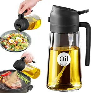 16Oz/470Ml Glass Olive Oil Sprayer for Cooking with Stickers 2 in 1 Oil Dispenser Food Grade Premium Spray Bottle with Portion Control for Salad Frying BBQ Black Transparent BPA Free PP Materials - Utensils