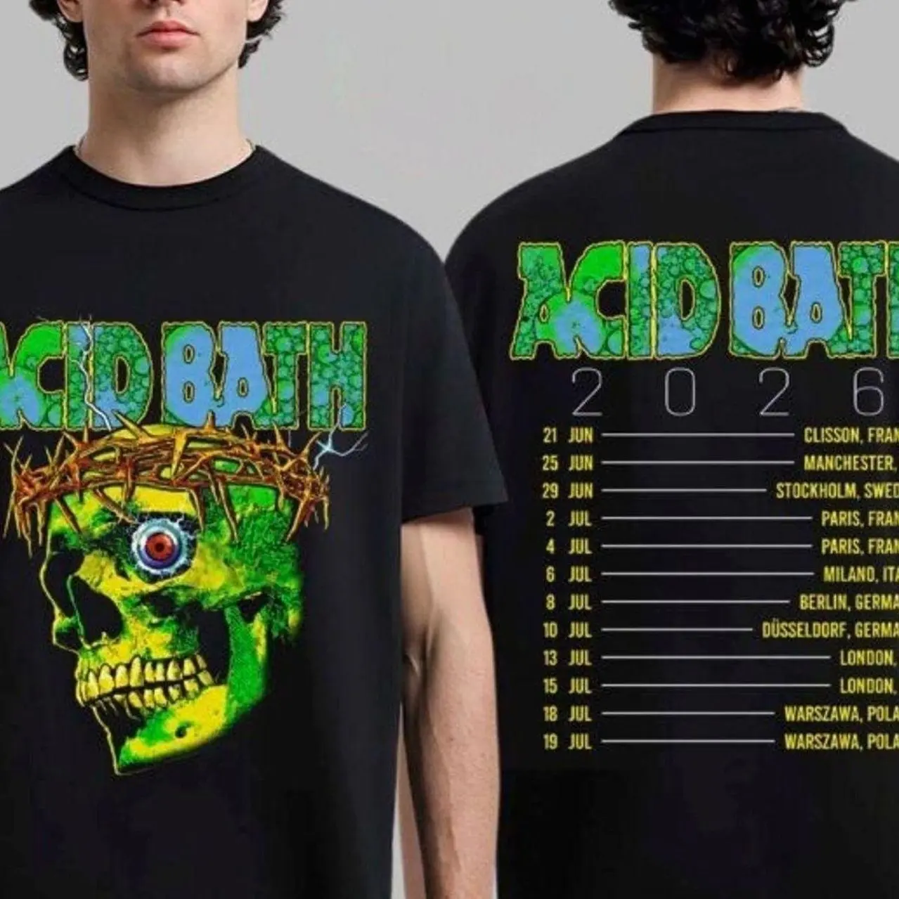 Acid Bath 2026 EU And UK Tour Merch Green Skull With Dates Back T-Shirt UIA 0FI OAR