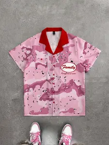 1pc Men's Pink Camo Shirt Vintage Cuban Collar Streetwear Short Sleeve Color Block Family Graphic Print Button Up Casual Resort Top For Summer Party
