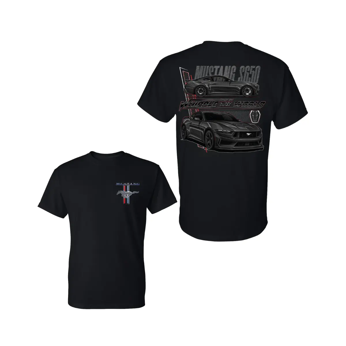 Ford Mustang S650 Graphic T-Shirt, Black Modern Muscle Car with Conquering the World Design, Vintage Automotive 2 Sides Graphic Tee, Soft Cotton Blend Shirt, Gift for Mustang Enthusiasts