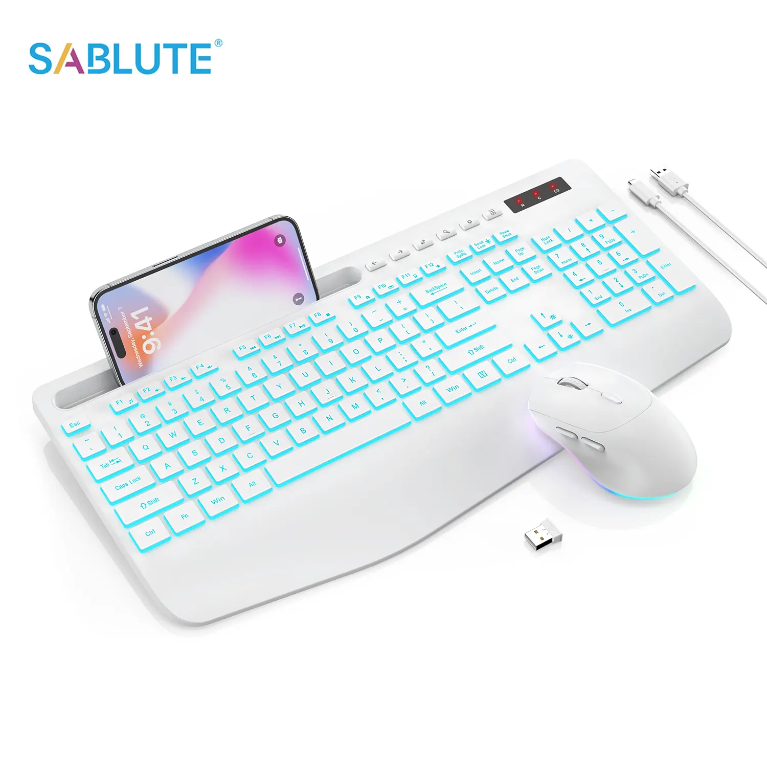 SABLUTE KM22Max Wireless (Non-Bluetooth) USB Keyboard and Mouse Combo, 7-Colored Backlit Keys with Light-Up Letters, Rechargeable Ergonomic Design with Wrist Rest, Phone Holder, Silent Typing, 2000h Runtime for PC/Tablet, 3-Level Brightness
