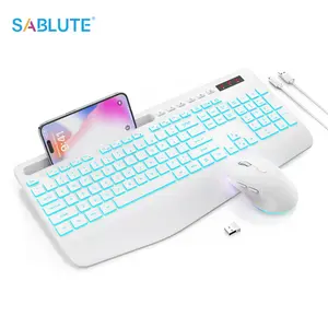 SABLUTE KM22Max USB Keyboard and Mouse Combo with 7 Colored Backlits Wrist Rest Rechargeable Ergonomic Keyboard with Phone Holder Silent Lighted Full Size Wireless(non-bluetooth)