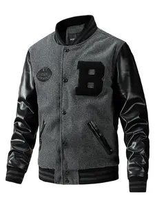 Men's Letter Patched Pocket Button Front Varsity Jacket, Casual Regular Fit Long Sleeve Stand Collar PU Leather Jacket Coat for Fall Winter
