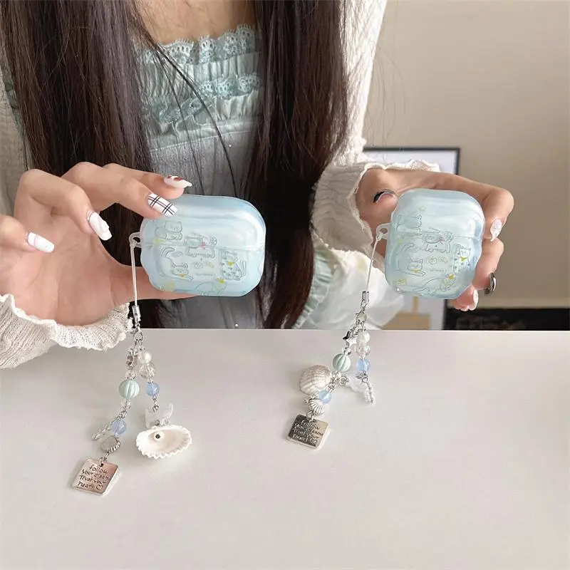 Half transparent light blue line cat earphone protective cover with shell chain pendant for AirPods 1 2 3 4 Pro Pro2